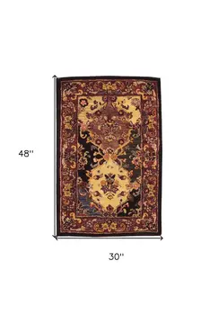 3' X 4' Tan Black and Red Wool Floral Area Rug