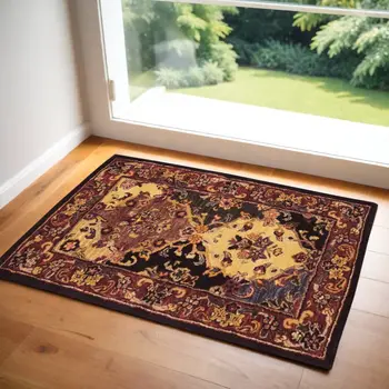 3' X 4' Tan Black and Red Wool Floral Area Rug