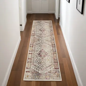 8' Ivory Red And Orange Floral Distressed Runner Rug