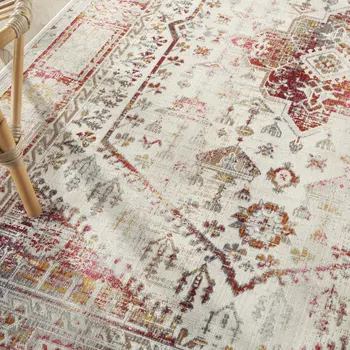 5' X 8' Ivory Red And Orange Floral Distressed Area Rug