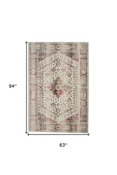 5' X 8' Ivory Red And Orange Floral Distressed Area Rug