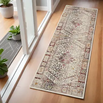 6' Ivory Red And Orange Floral Distressed Runner Rug