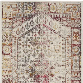 6' Ivory Red And Orange Floral Distressed Runner Rug