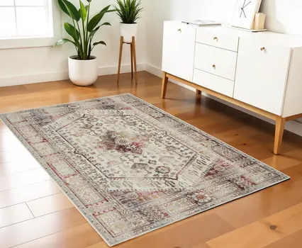 4' X 6' Ivory Red And Orange Floral Distressed Area Rug