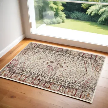 2' X 4' Ivory Red And Orange Floral Distressed Area Rug