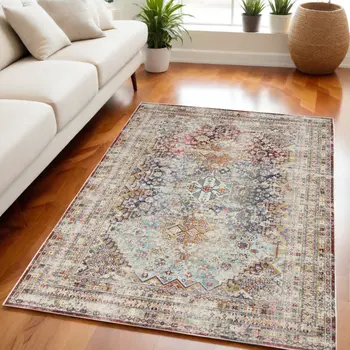 5' X 8' Ivory Red And Orange Geometric Distressed Area Rug