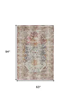 5' X 8' Ivory Red And Orange Geometric Distressed Area Rug
