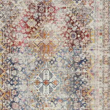 5' X 8' Ivory Red And Orange Geometric Distressed Area Rug