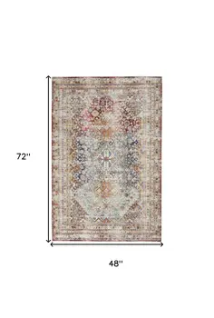 4' X 6' Ivory Red And Orange Geometric Distressed Area Rug