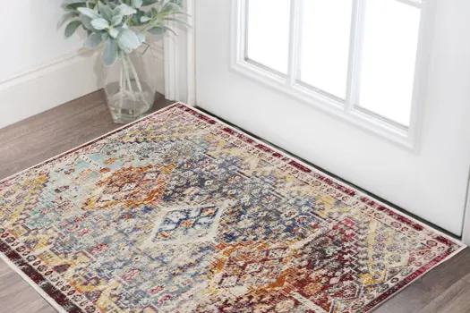 2' X 4' Ivory Red And Orange Geometric Distressed Area Rug