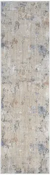 8' Beige Teal Blue and Gray Abstract Runner Rug With Fringe