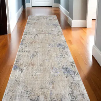 8' Beige Teal Blue and Gray Abstract Runner Rug With Fringe