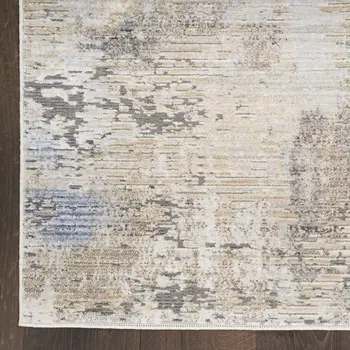 8' Beige Teal Blue and Gray Abstract Runner Rug With Fringe
