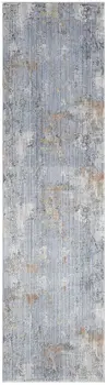 8' Beige Blue and Gray Abstract Runner Rug With Fringe