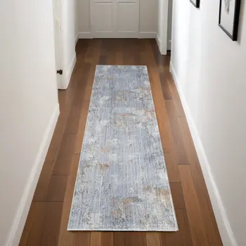 8' Beige Blue and Gray Abstract Runner Rug With Fringe