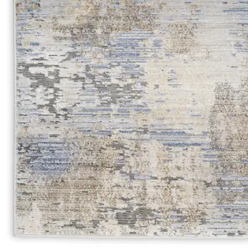 8' Beige Blue and Gray Abstract Runner Rug With Fringe
