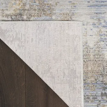 8' Beige Blue and Gray Abstract Runner Rug With Fringe