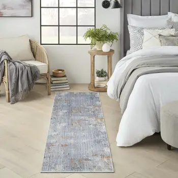 8' Beige Blue and Gray Abstract Runner Rug With Fringe
