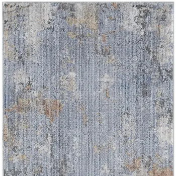8' Beige Blue and Gray Abstract Runner Rug With Fringe