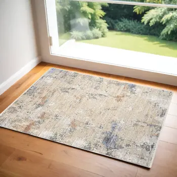 3' X 5' Beige Teal Blue and Gray Abstract Area Rug With Fringe