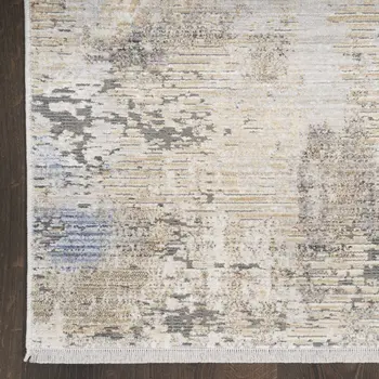 3' X 5' Beige Teal Blue and Gray Abstract Area Rug With Fringe