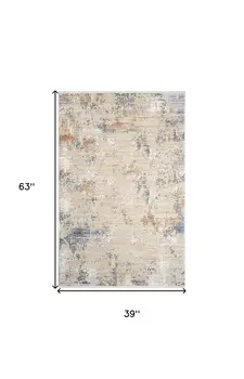 3' X 5' Beige Teal Blue and Gray Abstract Area Rug With Fringe