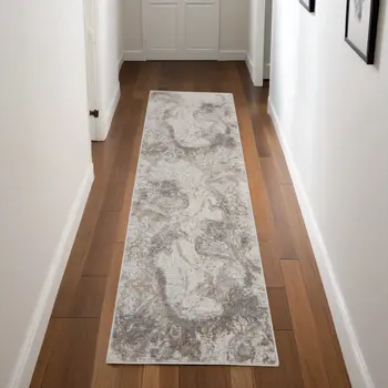 8' Ivory and Gray Abstract Non Skid Runner Rug