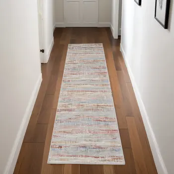 8' Ivory Red and Blue Abstract Non Skid Runner Rug
