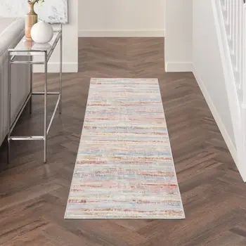 8' Ivory Red and Blue Abstract Non Skid Runner Rug