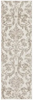 7' Beige and Ivory Damask Distressed Runner Rug