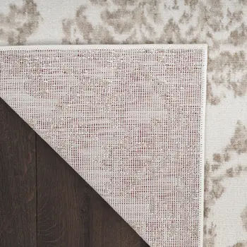 7' Beige and Ivory Damask Distressed Runner Rug