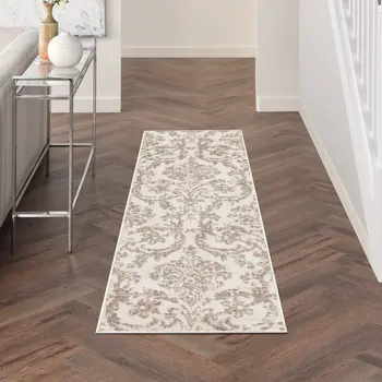 7' Beige and Ivory Damask Distressed Runner Rug