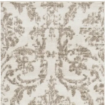 7' Beige and Ivory Damask Distressed Runner Rug