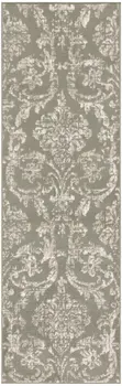 7' Olive Green and Ivory Damask Distressed Runner Rug