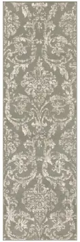 7' Olive Green and Ivory Damask Distressed Runner Rug