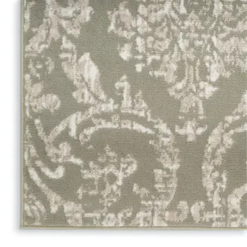 7' Olive Green and Ivory Damask Distressed Runner Rug