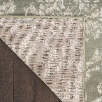 7' Olive Green and Ivory Damask Distressed Runner Rug