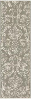 7' Olive Green and Ivory Damask Distressed Runner Rug