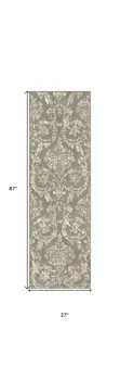 7' Olive Green and Ivory Damask Distressed Runner Rug