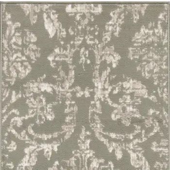 7' Olive Green and Ivory Damask Distressed Runner Rug
