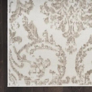 2' X 4' Beige and Ivory Damask Distressed Area Rug