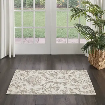 2' X 4' Beige and Ivory Damask Distressed Area Rug