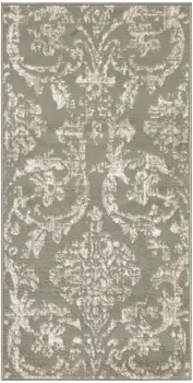 2' X 4' Olive Green and Ivory Damask Distressed Area Rug