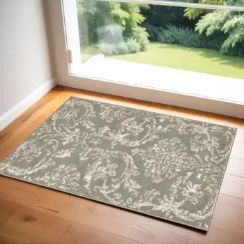 2' X 4' Olive Green and Ivory Damask Distressed Area Rug