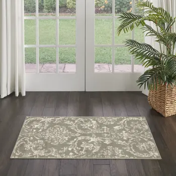 2' X 4' Olive Green and Ivory Damask Distressed Area Rug