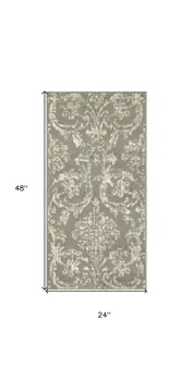 2' X 4' Olive Green and Ivory Damask Distressed Area Rug