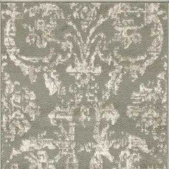 2' X 4' Olive Green and Ivory Damask Distressed Area Rug