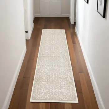 7' Beige and Ivory Floral Runner Rug