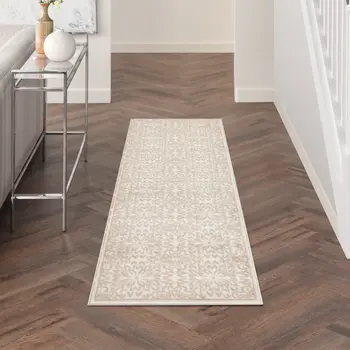 7' Beige and Ivory Floral Runner Rug