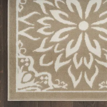 7' Taupe and Ivory Floral Runner Rug